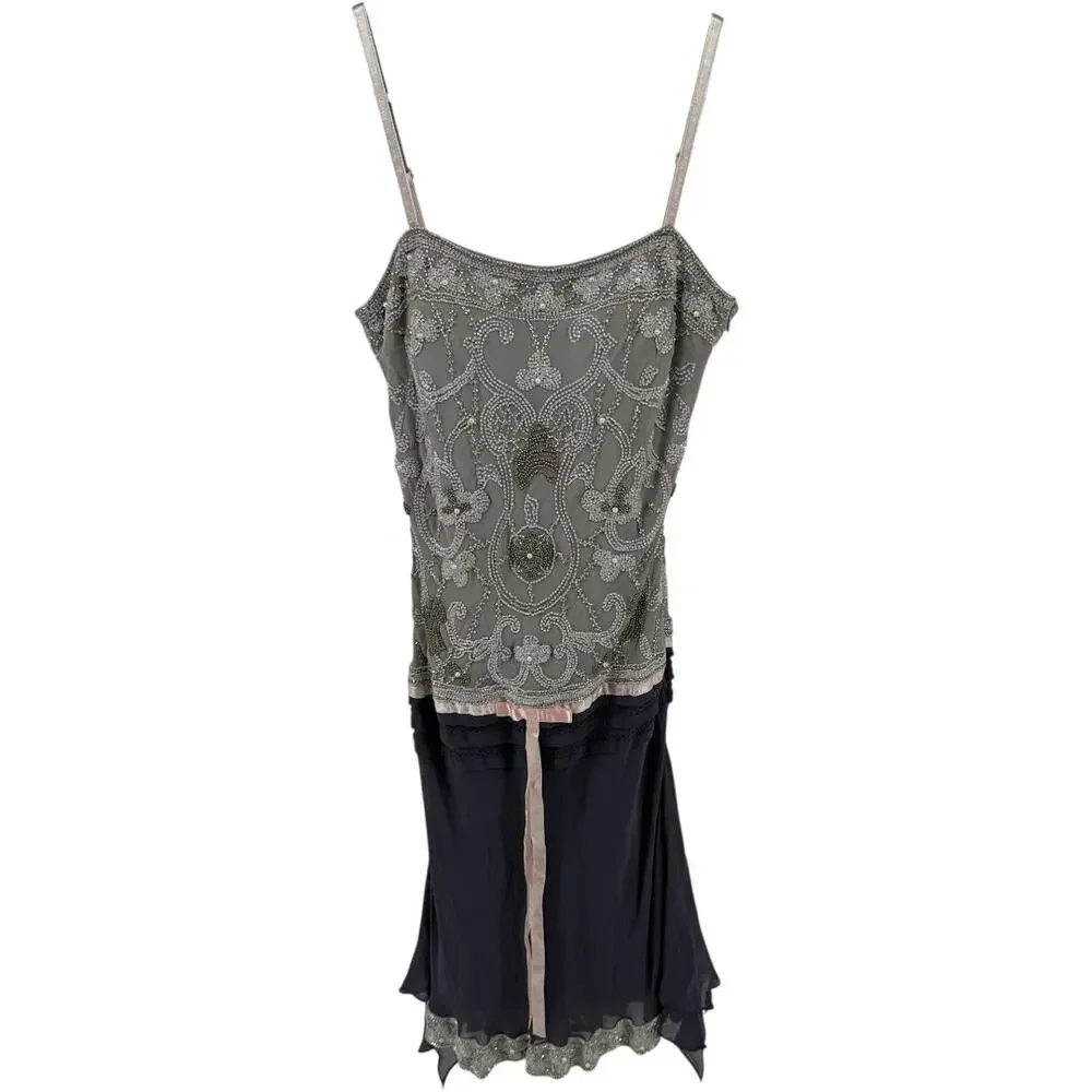 Vintage Cache Dress 100% Silk Knee Beaded Embellished Bow Cami Gray Purple 4